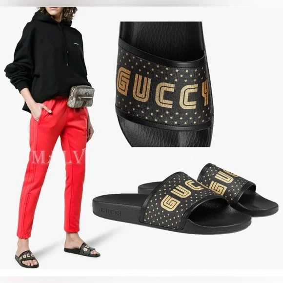 Gucci Black and Gold Star Slide Sandals AUTHENTIC size 38 - Picture 1 of 16